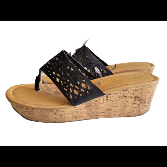 American Eagle By Payless Shoes - American Eagle Black Cutouts Cork Platform Wedge Slide On Sandals